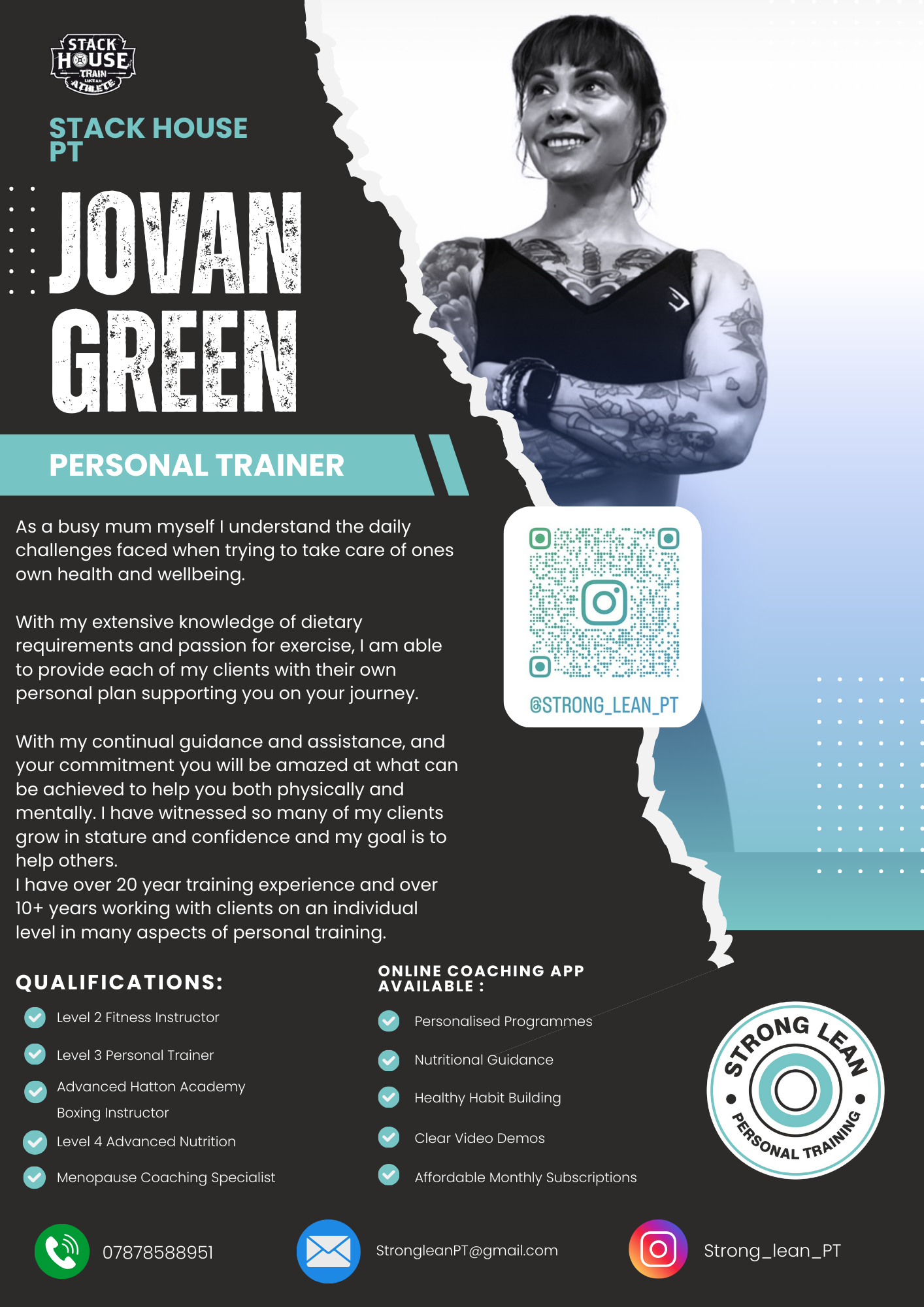 Promotional poster for Jovan Green, a personal trainer from Stack House PT, featuring a photo of a tattooed woman, contact details, qualifications, and online coaching services. Includes Instagram handle "@strong_lean_pt" and QR code.