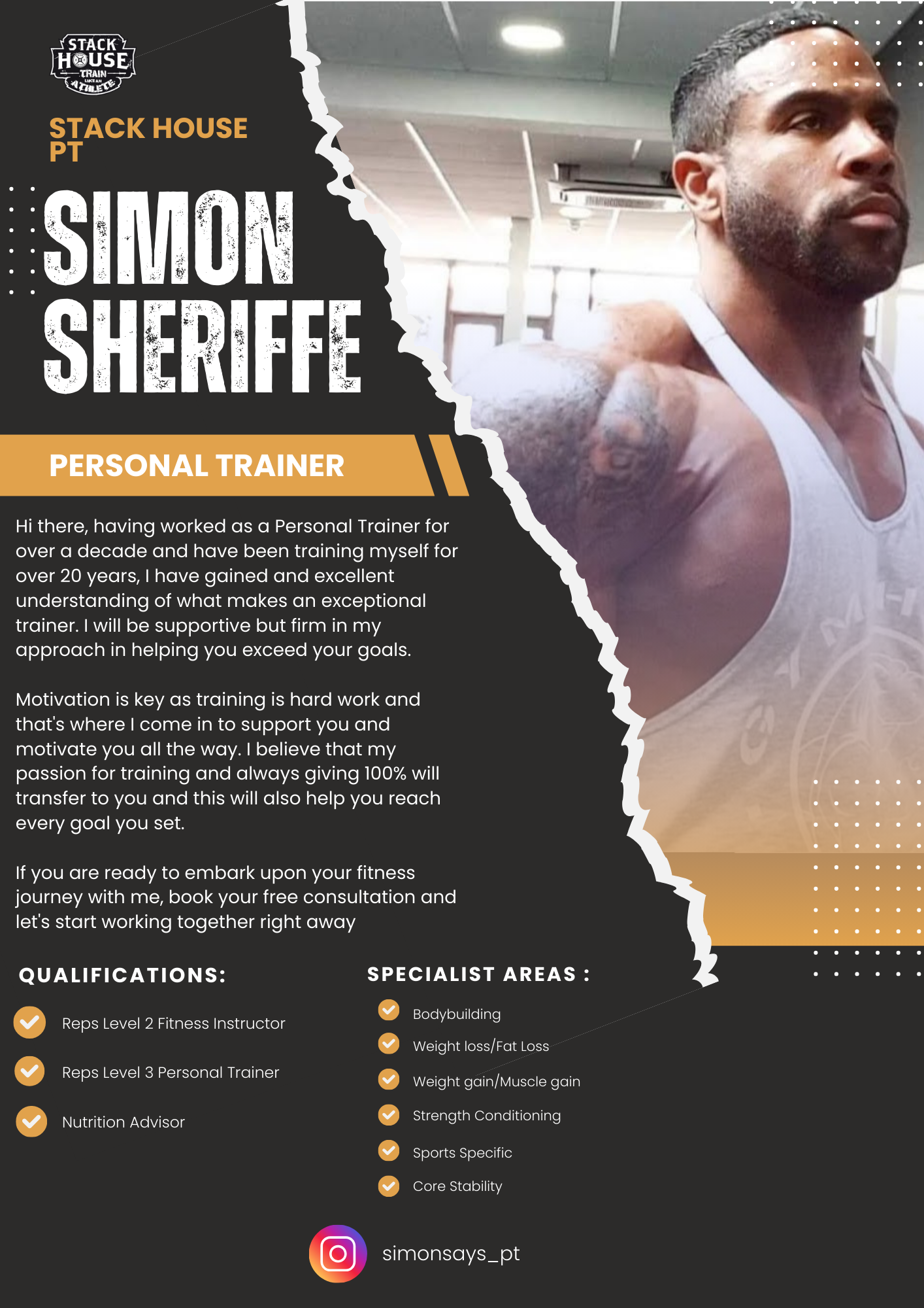 Personal trainer advertisement for Simon Sheriffe, highlighting qualifications and services such as bodybuilding, weight loss, and muscle gain. Includes contact information through Instagram: simonsays_pt.
