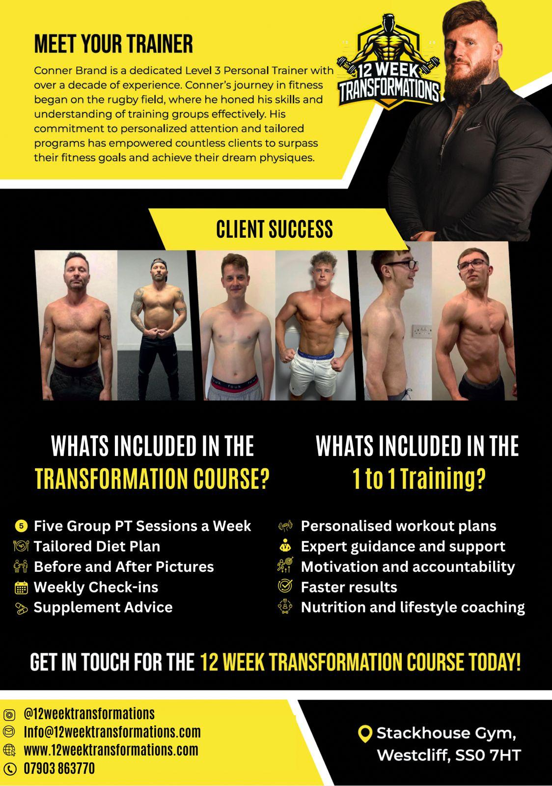 Advertisement for a 12-week transformation fitness course with personal trainer Conner Brand, featuring before and after photos of clients, course details, and contact information for Stackhouse Gym, Westcliff, SS0 7HT.