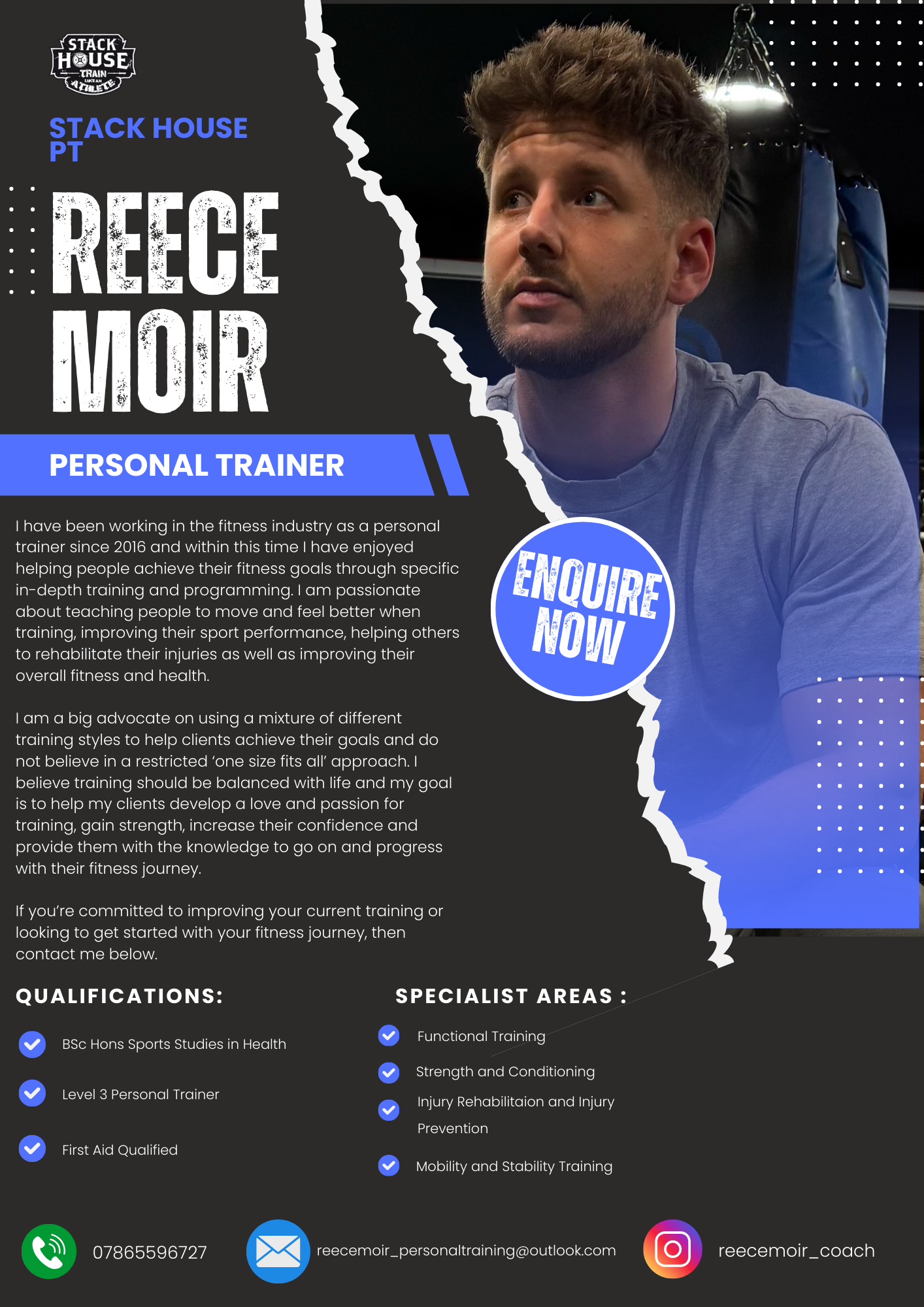 Personal trainer promotional poster featuring a man with text about fitness services. Includes qualifications, specialist areas, and contact information for inquiries. Design elements include blue and black colors with a mix of modern fonts.
